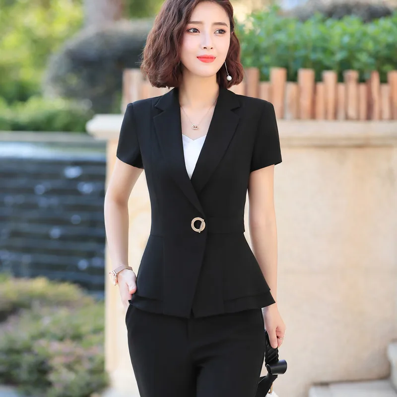 Naviu Women Pants Suit New Summer Fashion Short Sleeve Slim Blazer and Trousers Business Temperament Office Lady Work Wear