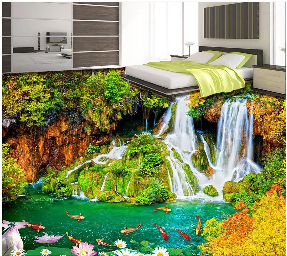 

3D wallpaper 3d floor murals PVC Outdoor waterfall flowing Nine fish lotus 3D floor Home Decoration