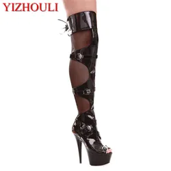 6 Inch Peep Toe High Heels Platforms Thigh High Sexy Boots 15cm Buckle-Strap Over The Knee Boots Sexy Dance Shoes
