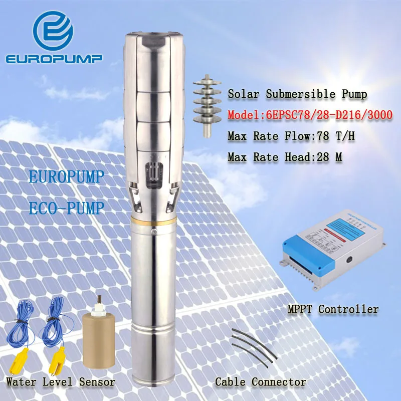 

EUROPUMP MODEL( 6EPSC78/28-D216/3000) 6" Mass Flow 78T/H stainless steel solar dc water pump solar irrigation pump submersible