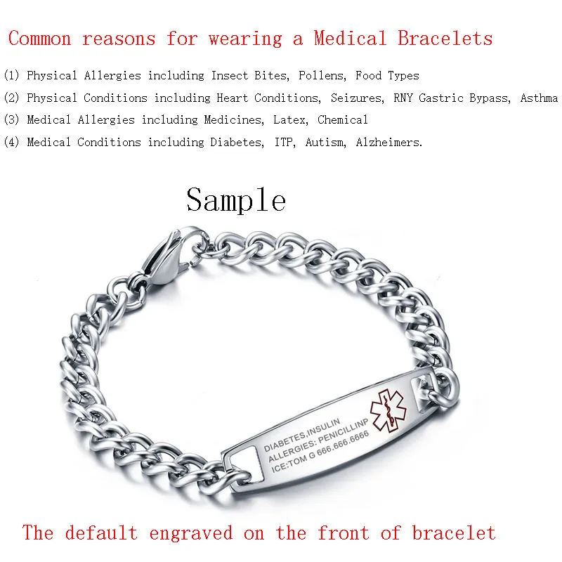 Vnox-Free Custom Engrave Bracelet, Identificação Médica Bangle, Jóias de Aço Inoxidável, Personalização