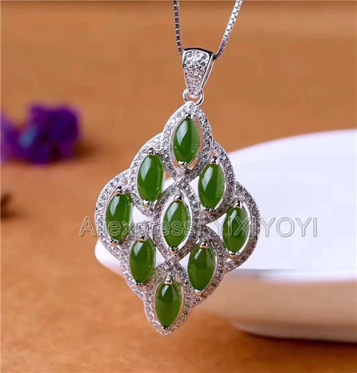 

925 Sterling Silver Jasper Green HeTian Jade Beads Inlay Flower Design Lucky Pendant + Chain Necklace Charm Jewelry Girl's Gift