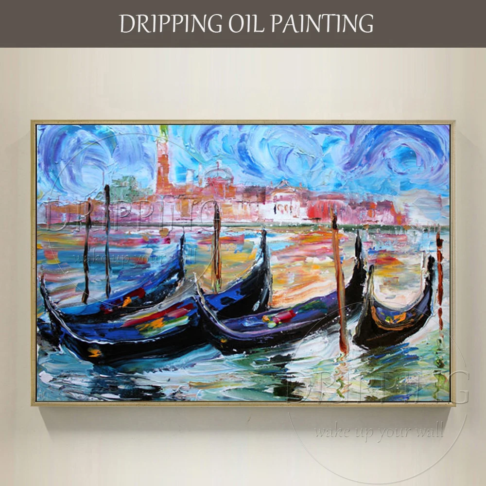 Handmade Italy Ship Gondola Oil Painting for Wall Decor Abstract Italy Landscape Gondola Oil Painting for Living Room Decoration