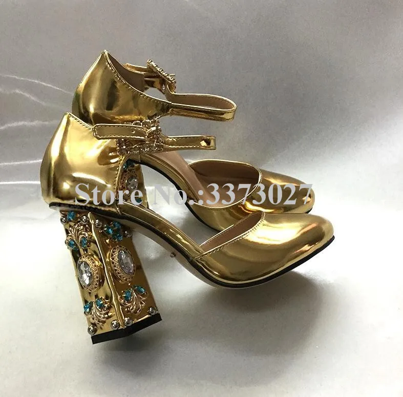 New Gold Color Rhinestone Chunky Heels Lady Sandals Jeweled High Heels Pumps Women Crystal Buckle Wedding Shoes Mujer Party Shoe