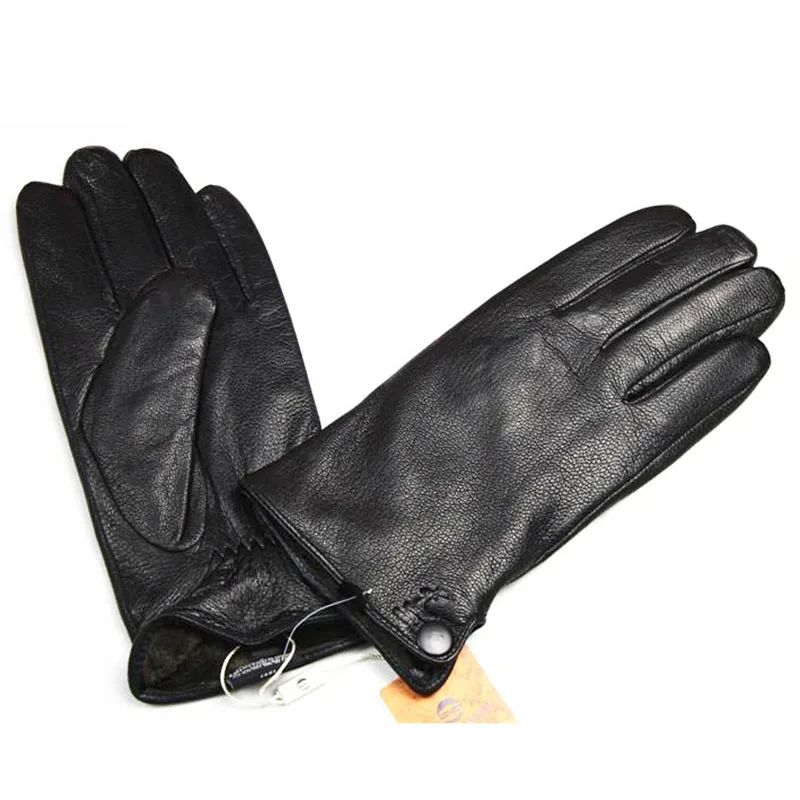 Deerskin Gloves Men\'s Leather Straight Style Thick Imitation Rabbit Hair Lining Autumn and Winter Cold Warm Outdoor Riding