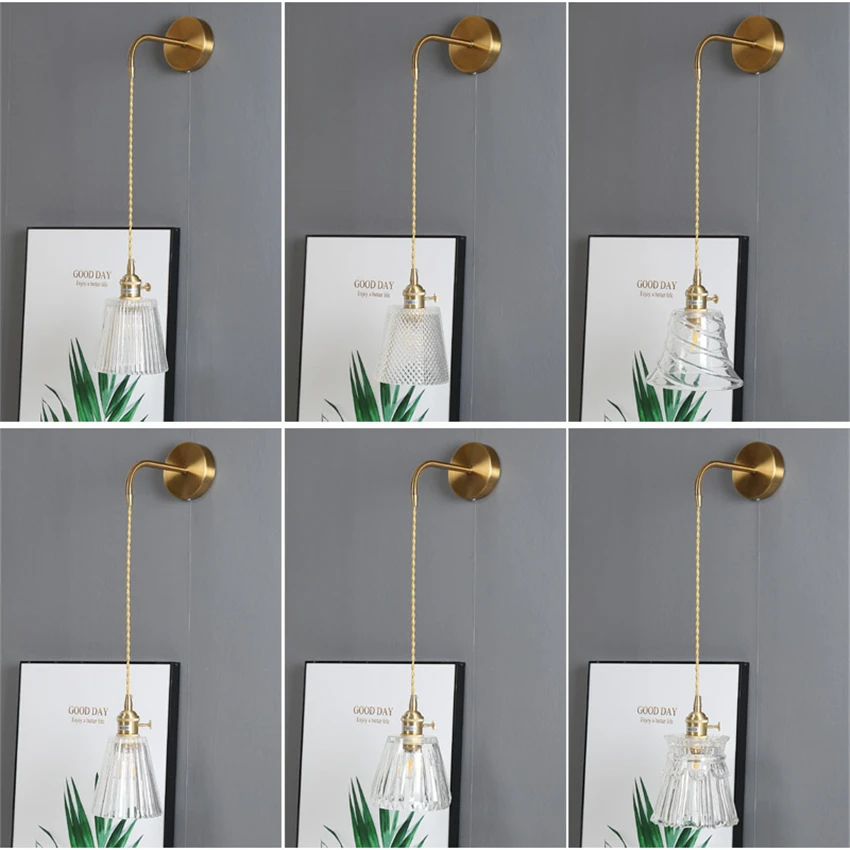 

Nordic Brass Retro Head Switch Wall Lamps Bedroom Mirror Headlights Home Glass Shade Hanging Sconce Wall Lights E27 Fixtures