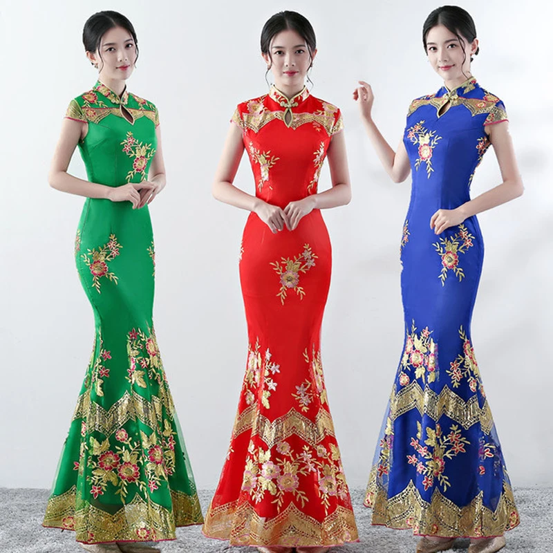 Fashion Dress Women Chinese Formal Cheongsam Long National Dress Women Embroidery Sequined Mermaid Evening Gown Qipao Floral