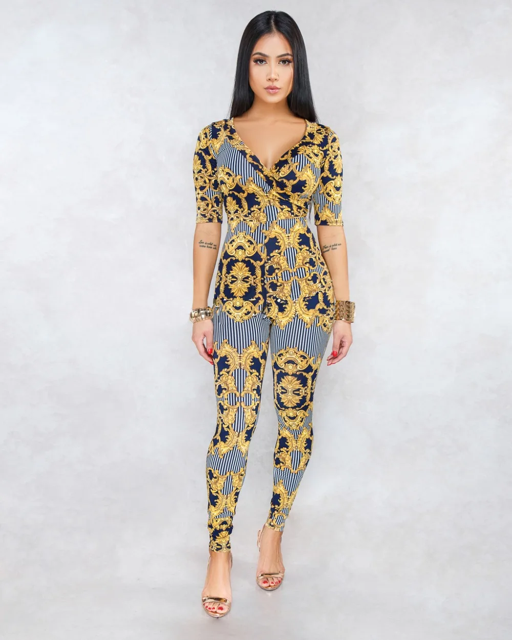 Golden Floral Print Deep V Neck Jumpsuit Women Casual Midi Sleeve Bodycon Rompers Jumpsuit Boho Overall Sexy Bodysuit Culdwear