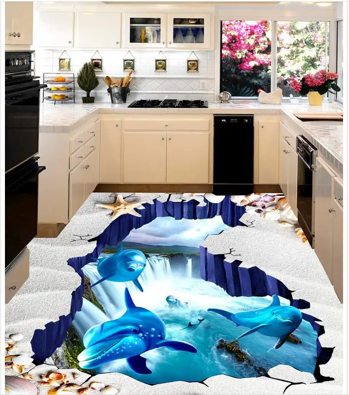 self-adhesive PVC Wallpaper Dolphins shells on the beach sitting room 3 d bathroom floor  Modern Floor painting