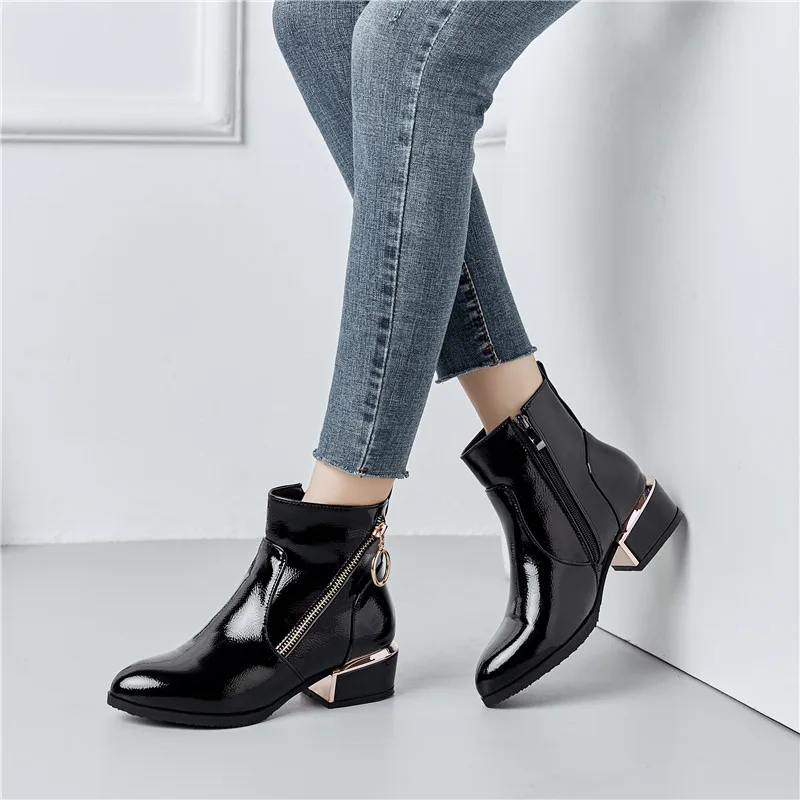 YMECHIC Fashion Pu Patent Leather Ankle Booties 2023 Woman Blue Black Wine Red Zipper Medium Chunky Heels Ladies Shoes Plus Size