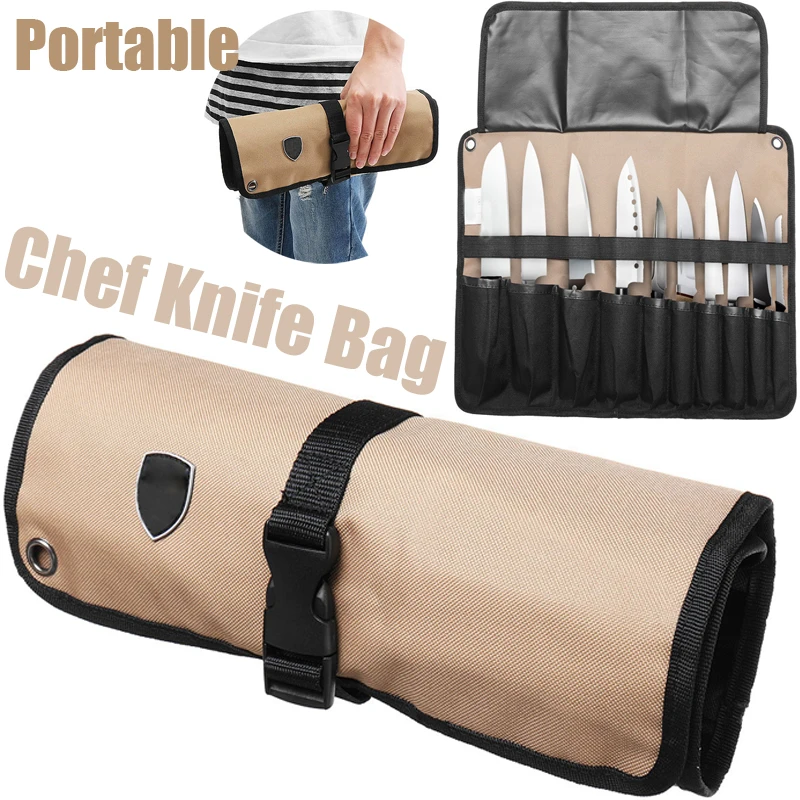 New Coffee 10 Pockets Portable Chef Knife Bag Roll Bag Carry Case Bag Kitchen Cooking Tool Portable Storage Bag Home Garden