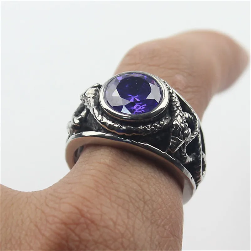 Purple Cz Crystal Gem Snake Fashion Men\'s 316L Stainless Steel Biker Ring Men\'s Jewelry