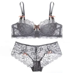 Sexy Mousse Bra And Panties Sets Design Luxury Lace Flower Bow Women's Underwear With Transparent Underpants Foam Brassier Back