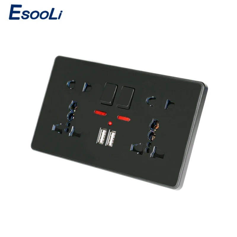 Esooli Wall Power Socket Double Universal 5 Hole Switched Outlet With Neon 2.1A Dual USB Charger Port LED indicator Black