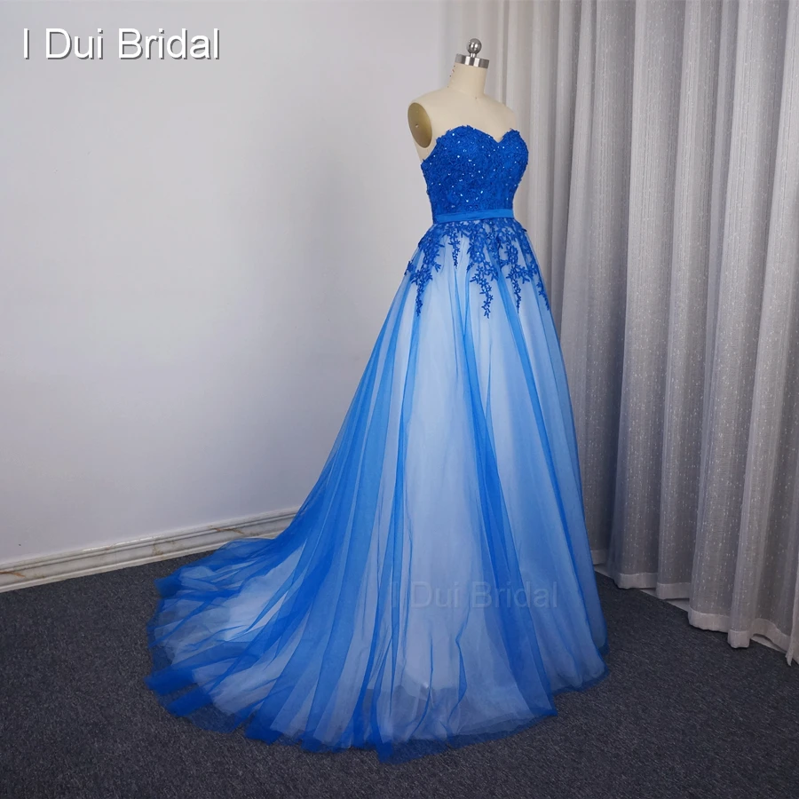 Dell'innamorato Blu Prom Dresses Una linea di Tulle Rivestimento Completo Appliqued Merletto In Rilievo Partito Abiti Occasioni Speciali Su Ordine 201705103