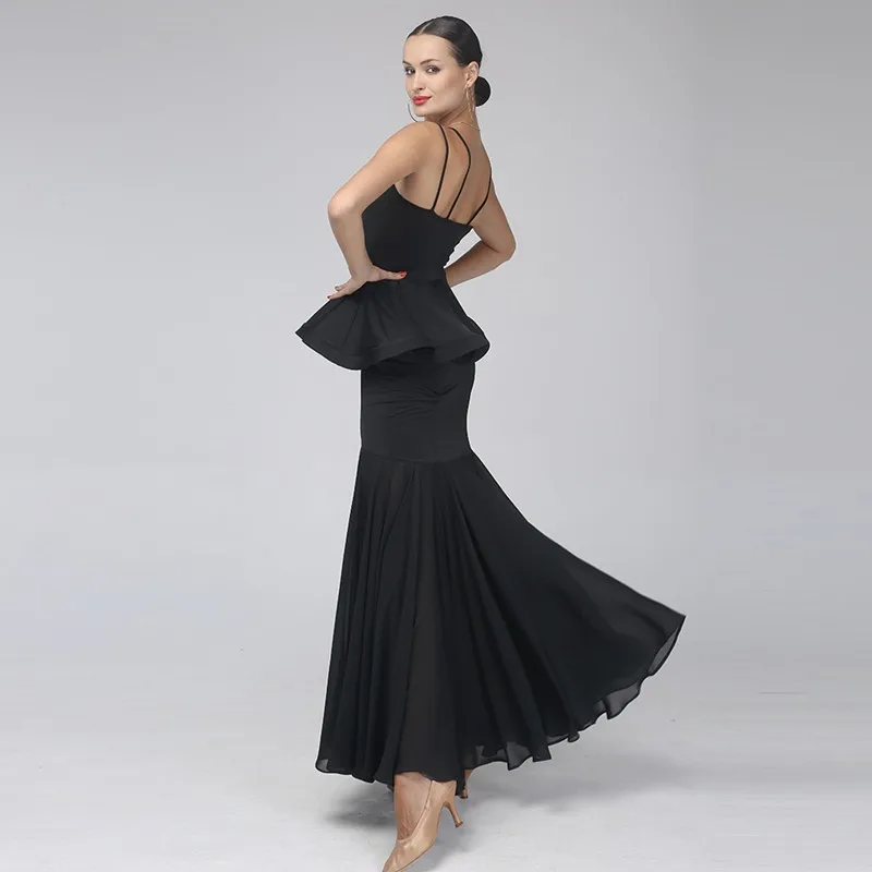 Robe de danse moderne noire, robe standard de salle de bal, robes de concours de danse à franges, robe de valse flamenco