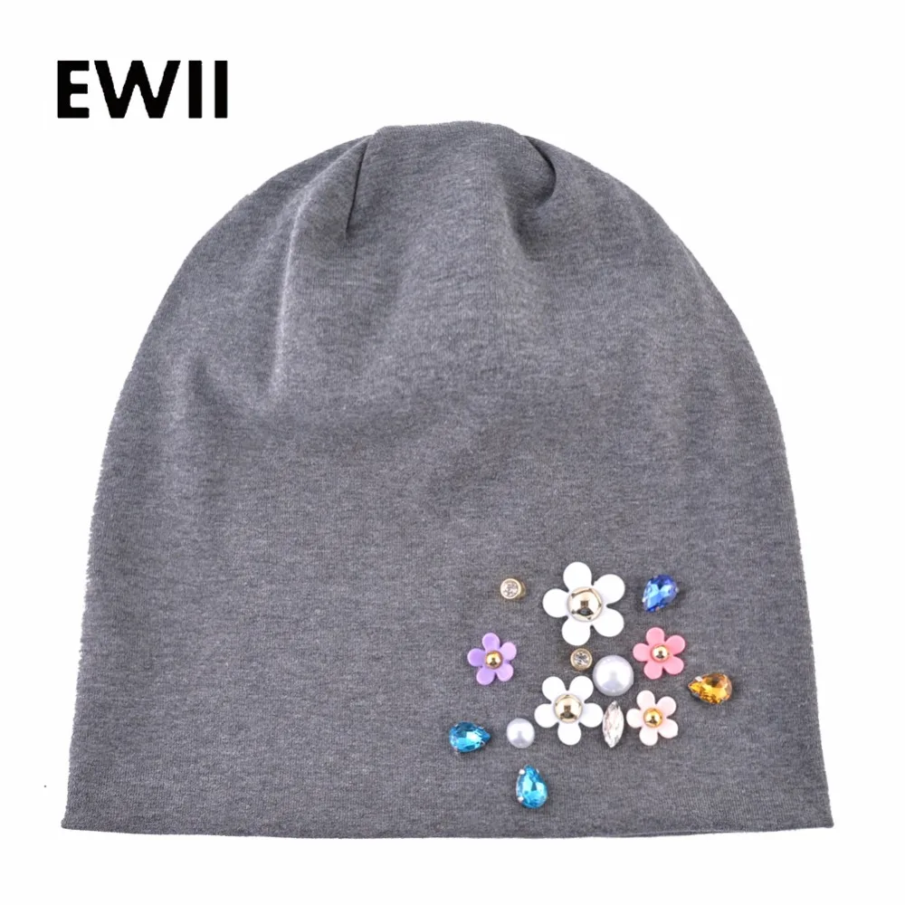 

Brand cotton beanie cap women autumn flower caps bonnet skullies beanies girls hat women rhinestone knitted hats touca inverno