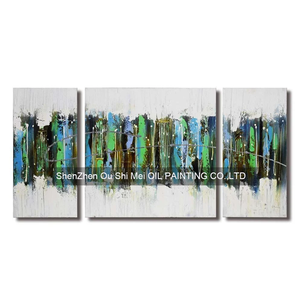 Handmade Modern Abstract Green Oil Painting On Canvas Wrapped Oil Painting Set of 3 Building Landscape Picture Knife Painting