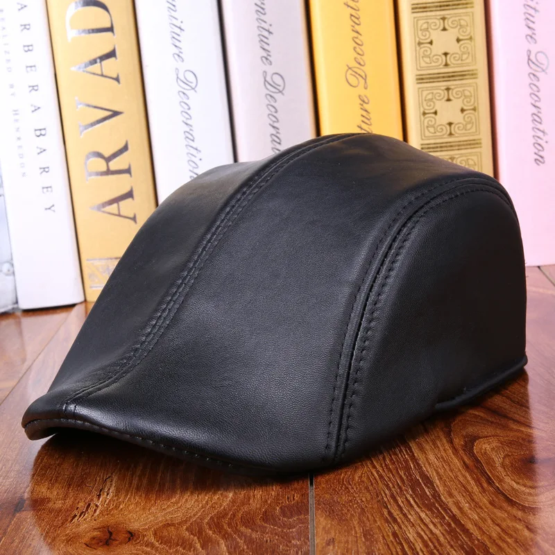 Fashion Sheepskin Hat Genuine Leather Cap Mens Baret Cowhide Flat Cap Cabby Hat Vintage Newsboy Driving Peaked Cap B-7241