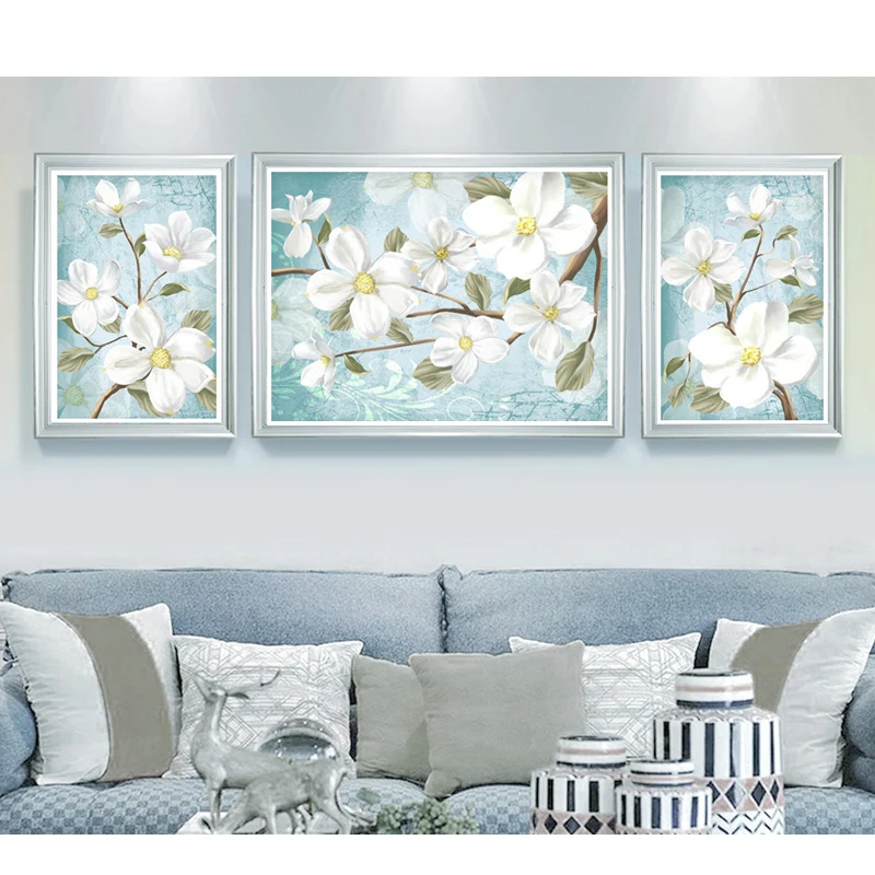 

Diamond Painting Full Drill New Living Room Stickers Drilling Simple Modern Triple Painting Fresh Flower Diamond Embroidery