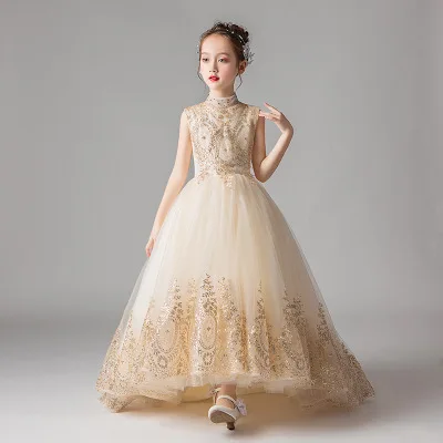 

Sequin Gold Lace Girl Dress Princess Formal Gown Long Trailing Flower Girl Dress Pageant Party Wedding First Communion Dresses