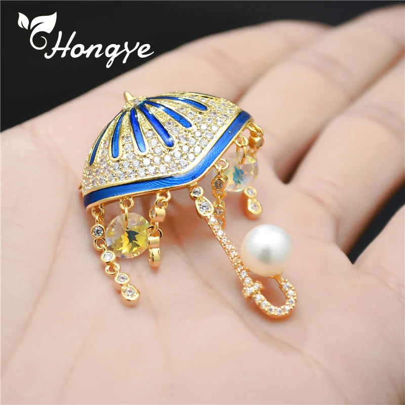 

Hongye Umbrella and Rain Fashion Brooch Pin Copper Made Enamel Freshwater Pearl Brooch for Women New Year Scarf Accessories