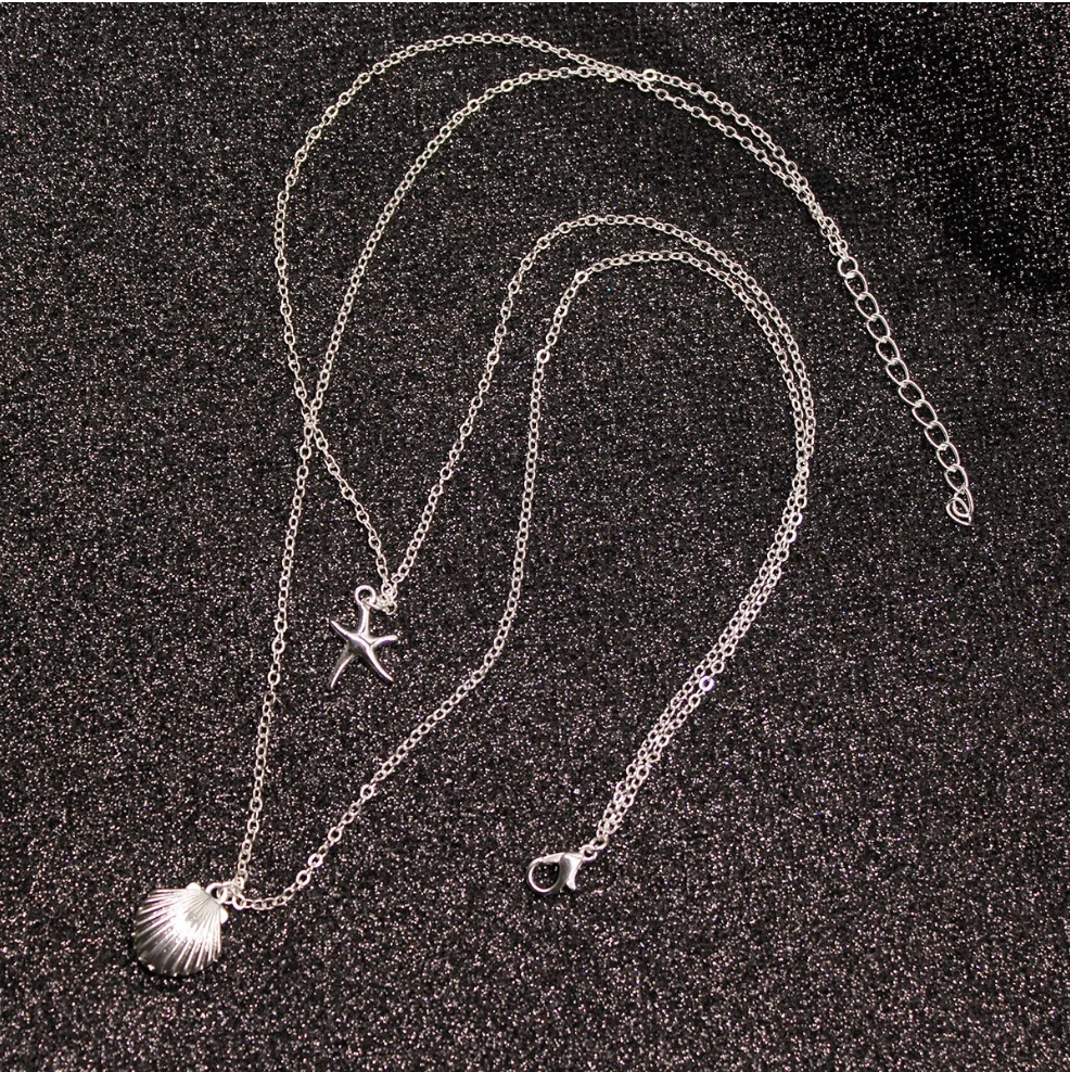 Two layers Necklace alloy diecast Shell Starfish Pendant  plated with metal chain for Women Girls Gift