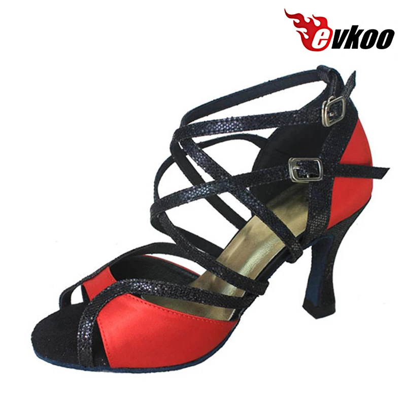 Sepatu dansa Nubuck DIY dengan bahan berkilau wanita sepatu dansa Latin merah ungu biru hitam sepatu Salsa untuk wanita Evkoo-028