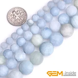 6/8/10/12mm Frosted Round Natural Blue Aquamarines Stone Semi Precious Matte Beads Loose Beads For Jewelry Making Strand 15 Inch