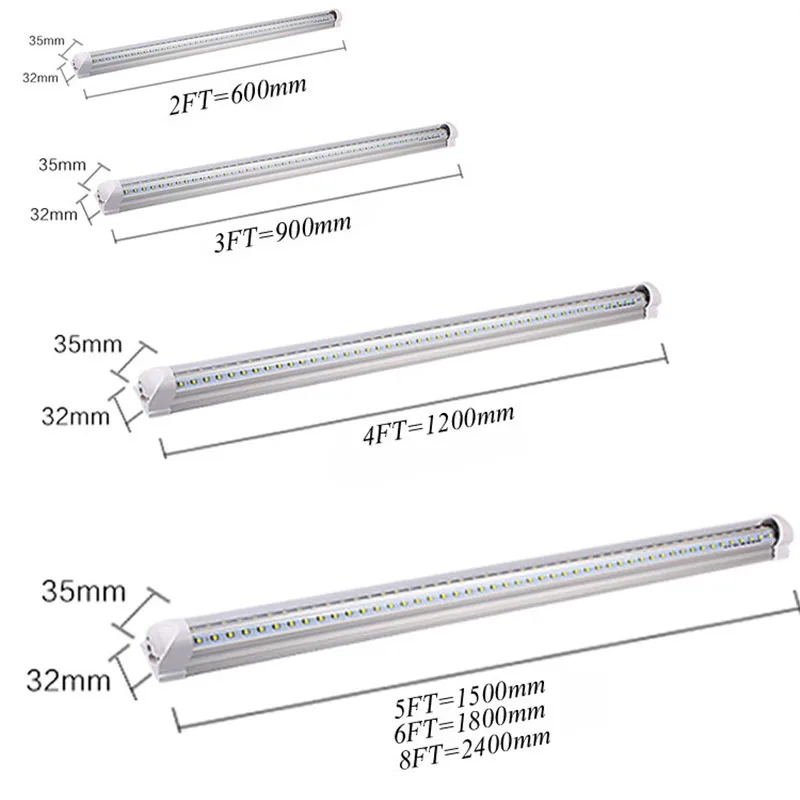 Lâmpadas de tubo LED V, Luminárias de loja, Tubo LED, AC 85-265V, 36W, T8, 4 ', 3000K, 4000K, 6000K, 4', 10pcs por lote