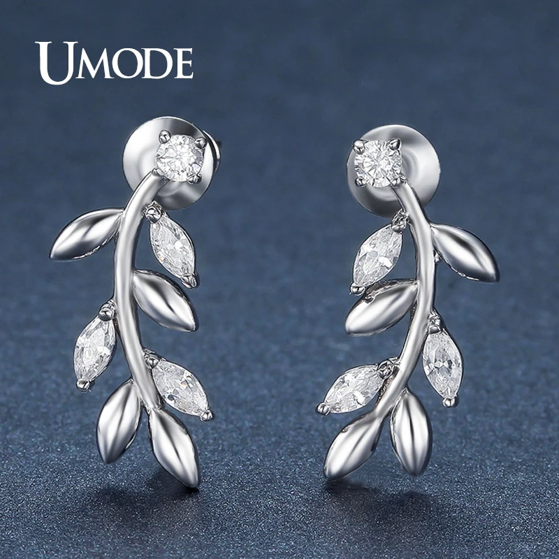 UMODE Fashion Jewelry Leaf Marquise Cubic Zirconia Stud Earrings for Women White Gold Color Christmas Bijuteria Feminina UE0307