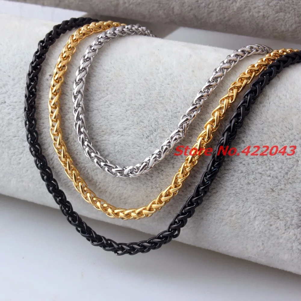 3/4/5/6/7mm 316L Stainless Steel Silver Gold Black color Wheat Braided Chain For Women Mens Jewelry 8-40