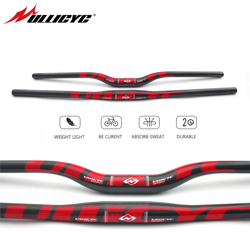 Kierownica rowerowa Ullicyc Full Carbon MTB 3K Gloss Red 580-740mm Flat/Rise, lekka, ulepszona do rowerów górskich i hulajnóg elektrycznych