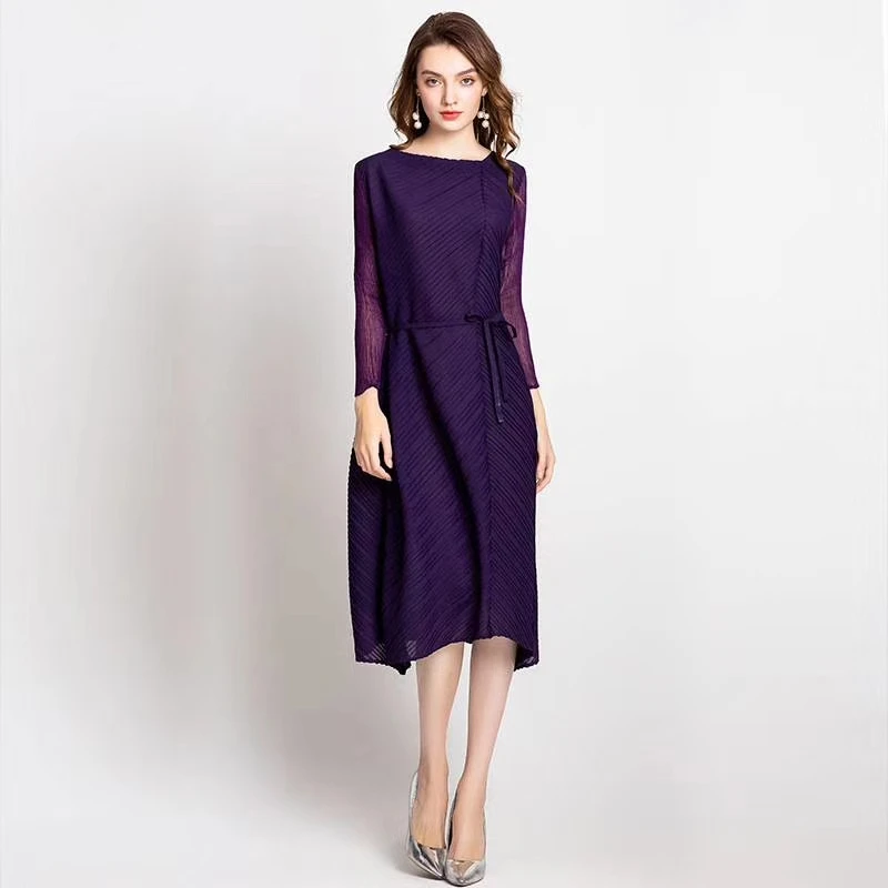 

HOT SELLING Miyake fashion fold dress wrist solid color asymmetrical dress IN STOCK