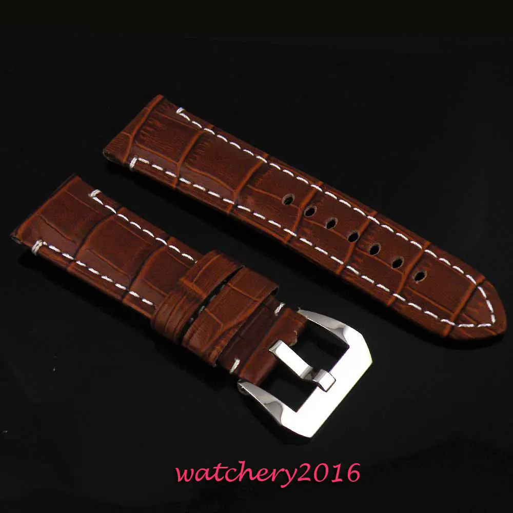 24mm brown leather Genuine leather fit military parnis Men's watch