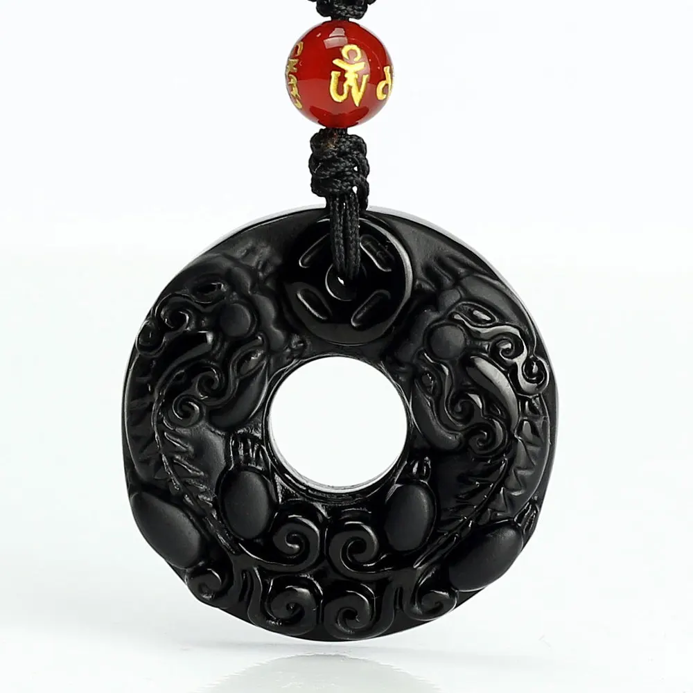 Natural light genuine Obsidian ice frosted double men female buckle brave Pendant Necklace lucky