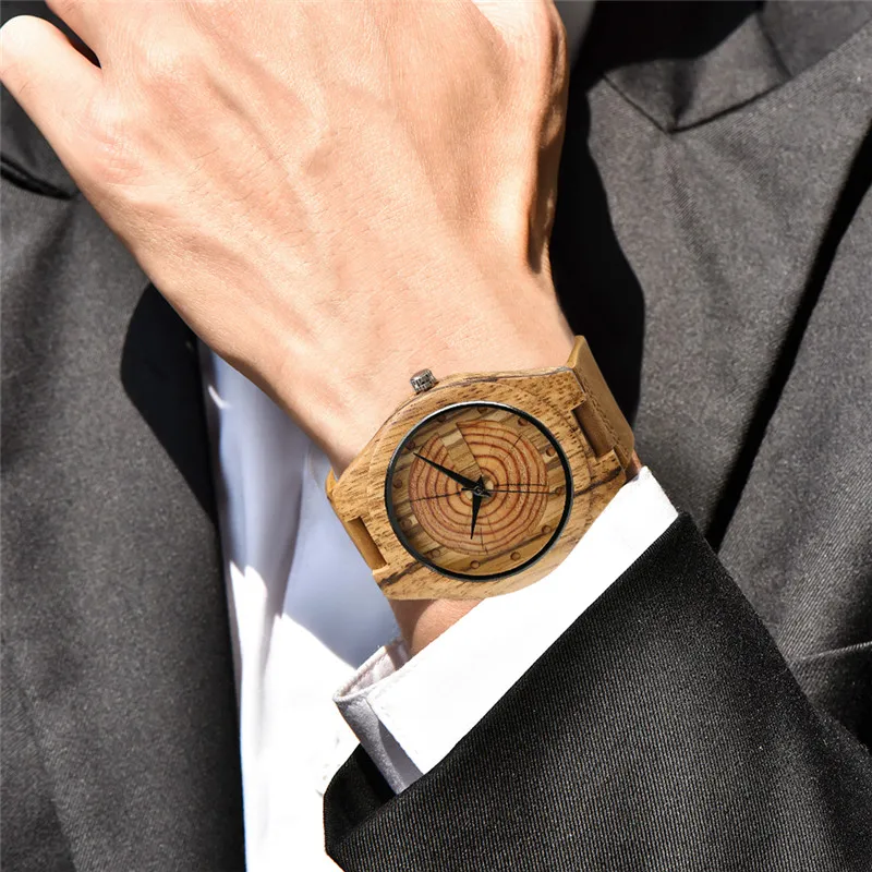 Men\'s Wood Watch Handmade Annual Rings Block Points Black Hands Men Quartz Wrist Watches Brown Genuine Leather Starp Sports Hour