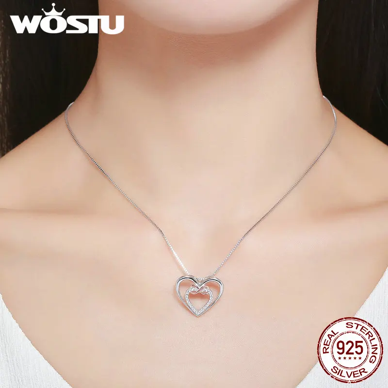 WOSTU Brand Authentic 925 Sterling Silver Delicate Heart into Heart Pendant Necklaces for Women Fine Jewelry Gift CQN121