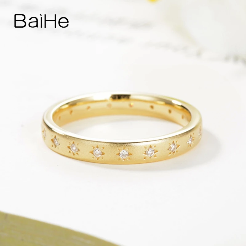 

BAIHE Genuine Solid 14K Yellow Gold 0.15ct H/SI Natural Diamond Star Ring Women Man Wedding Band Fine Jewelry ستار رينج