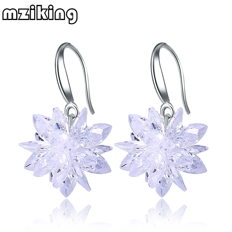 mziking new 6 Color Exquisite AAA Crystal Zircon White Snowflake Earrings Sterling  s925  Puck Dangle Earrings Geometric E1704