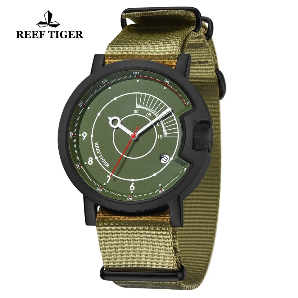 Reef Tiger Fashion Sport Watch Waterproof Black Simple Watch Men Army Green Nylon Strap Automatic Military Watches RGA9035