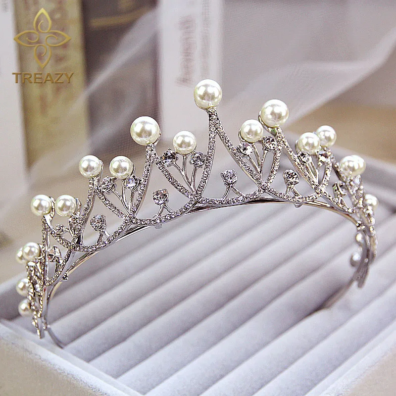 TREAZY Crystal Imitate Pearl Tiara Crown Bridal Hair Accessories Wedding Quinceanera Tiaras And Crowns Pageant Diamante Tiara