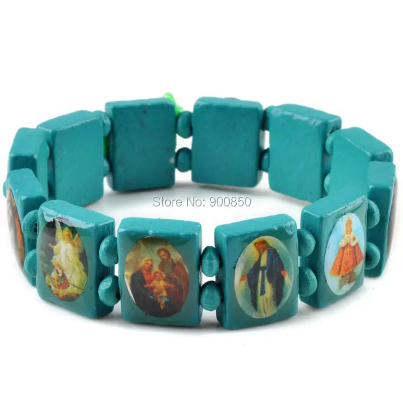 Saints Jesus Religious Wood Catholic Icon Bracelets Unisex Fashion Wood Bracelet Paryer Charm Jewelry 7 Colors