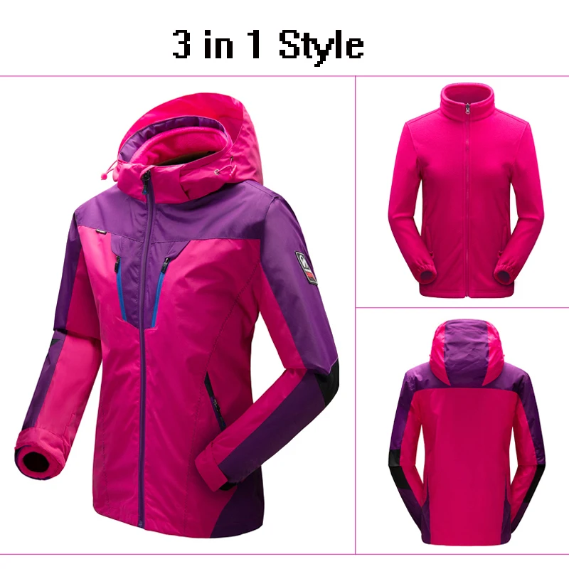 Hiking Jackets Women 3 in 1 Outdoor Windbreaker Warm Lady Paka Polar Fleece Lining Waterproof 2 in 1 Trekking Camping Coats