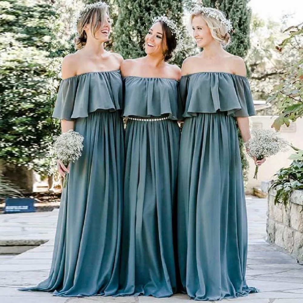 YNQNFS BD8 Flowy Chiffon Ruffles Boat Neck Off the Shoulder Bridesmaid Green Dress