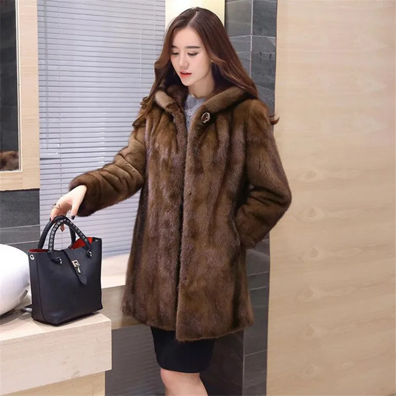 5xl 6xl Faux Mink Bontjassen Voor Dames Winter Capuchon Bovenkleding Middellange Dikke Nertsbontjassen Dames Bovenkleding