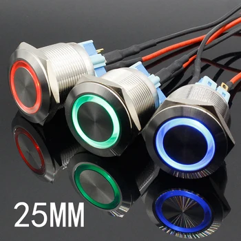 파란색 링 LED 조명 순간 잠금 푸시 버튼 스위치, DPST 금속 산업용 보트 자동차 DIY 스위치, 25mm, 6V, 12V, 24V, 220V