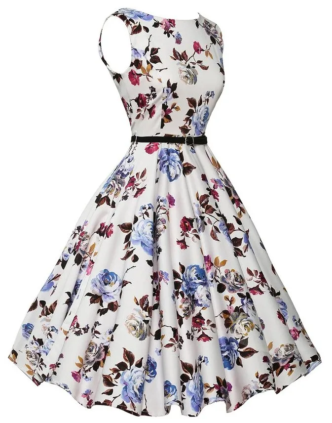 Robe rétro Audrey Hepburn pour femmes, col rond, vintage, imprimé floral, robes de soirée, grande taille 3XL, été, 2019