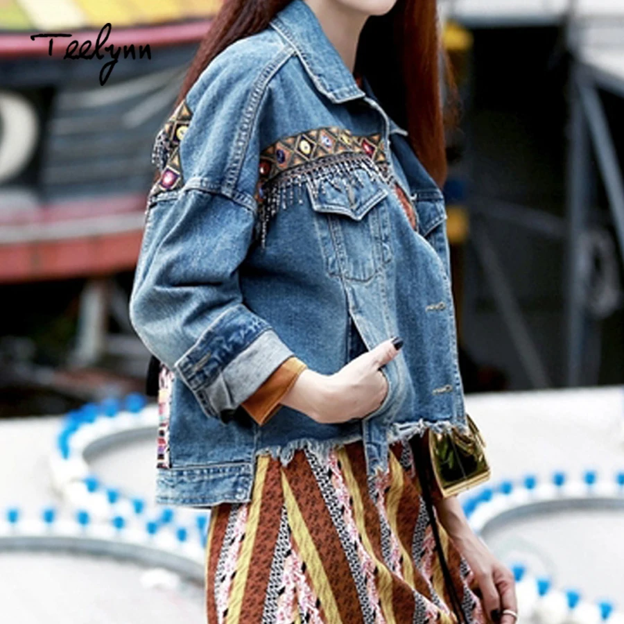 TEELYNN DENIMแจ็คเก็ตหญิงฤดูใบไม้ร่วงVINTAGE appliquesเย็บปักถักร้อยหลวมเสื้อแขนยาวเสื้อผู้หญิง