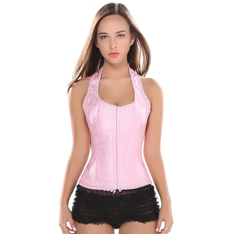 Pink Slimming Appliques Sexy Lingerie Overbust Corset Lace Up Steampunk Corset Bustier BodyShaper Halter Neck Corset